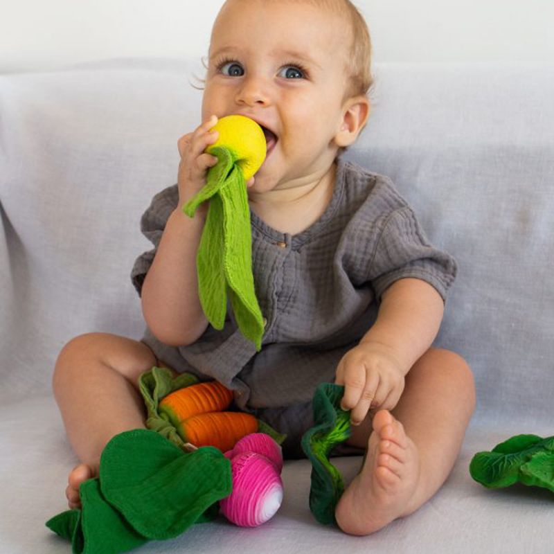 Image d'ambiance de présentation du produit Doudou de dentition 2 en 1 John Lemon - Oli & Carol